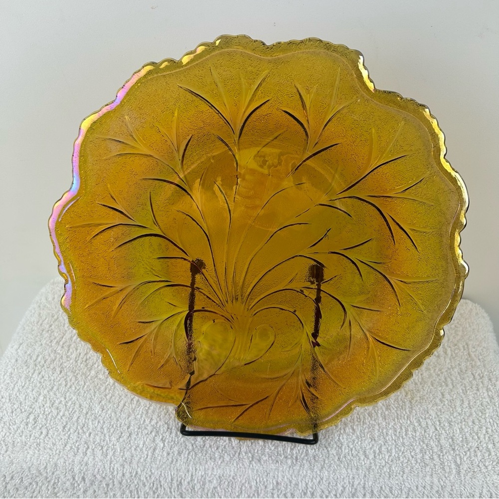 VTG Carnival Indiana Glass Tree Of Life Iridescent 10” Scallop Serving Plate